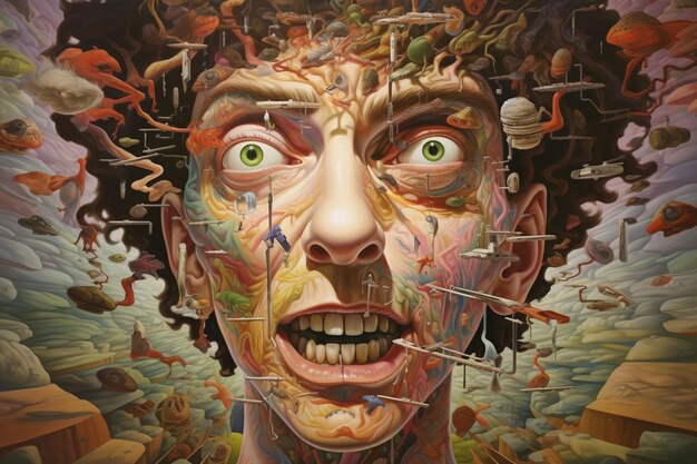 Un autorretrato surrealista con rasgos exagerados que expresan la auto-percepción distorsionada asociada