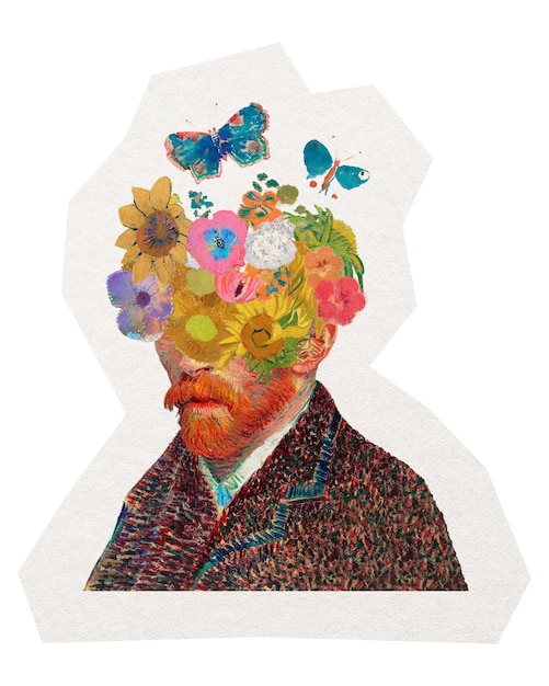 Autorretrato de Van Gogh pegatina png diseño floral en fondo transparente remixado por rawpixel