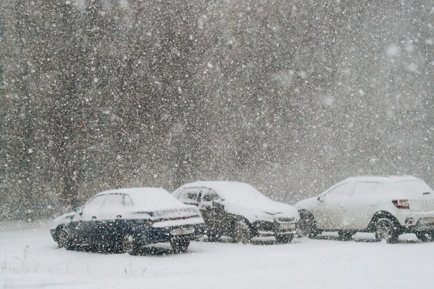 Autos auf der Straße mit Neuschnee bedeckt