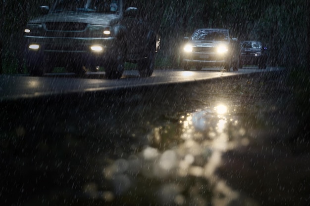 Los autos borrosos corren a través del oscuro bosque misterioso durante la fuerte lluvia