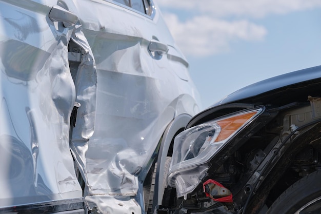 Los autos chocaron fuertemente en un accidente de tráfico después de una colisión en la calle de la ciudad. Concepto de seguro y seguridad vial