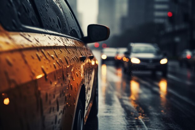 Autos, die im Regen eine nasse Stadtstraße entlangfahren, generieren generative KI