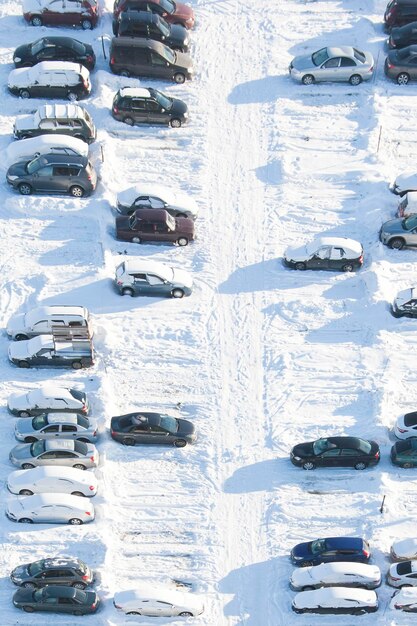 Autos estacionados cubiertos de nieve