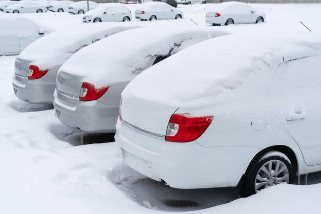 Foto autos estacionados cubiertos de nieve