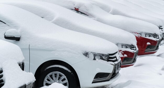 Foto autos estacionados cubiertos de nieve