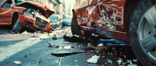 Autos nach einem Unfall auf der Straße Nahaufnahme Schäden an Fahrzeugen auf der Autobahn nach einer Kollision Konzept der Autounfall Verkehrsversicherung Wrack und Geschwindigkeit