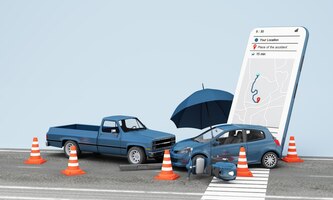 Foto autoschutz- und sicherheitskonzept autoversicherung web-banner-design autounfall auf der straße, die darauf warten, leistungen von der versicherung zu erhalten, angekommen bei der 3d-darstellung der unfallkarikatur