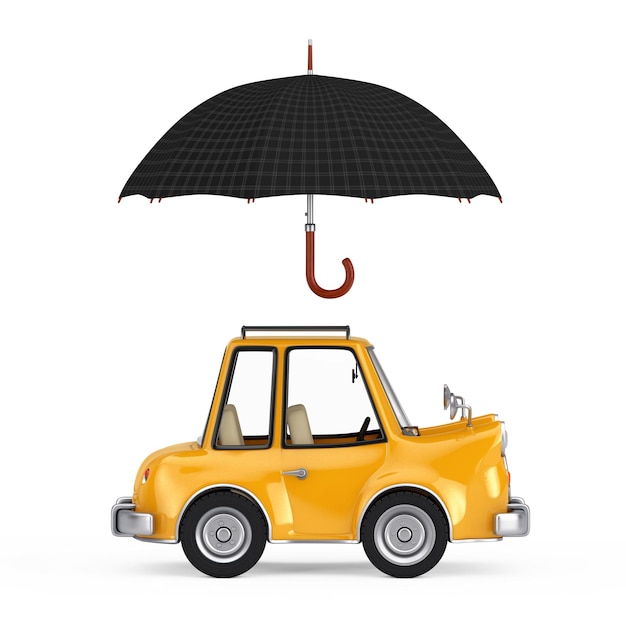 Autoschutz- und Sicherheitskonzept Kleines gelbes Cartoon-Auto unter dem Dach 3D-Rendering