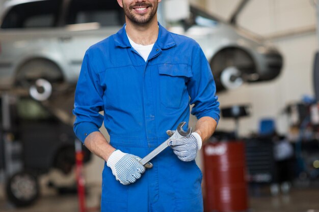 Autoservice, Reparatur, Wartung und Personenkonzept - Automechaniker oder Schmied mit Schraubenschlüssel in der Werkstatt