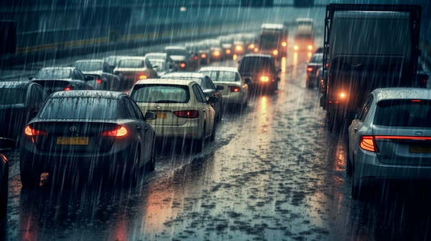 Autostau auf der Straße Regen schlechtes Wetter generative ai