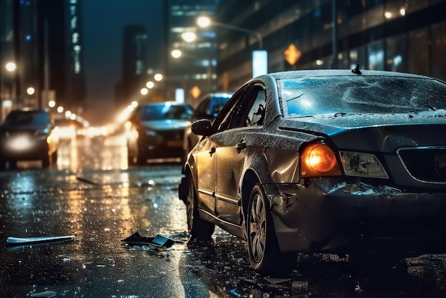 Autounfall auf der Straße in der Stadt bei Nacht. Generative KI