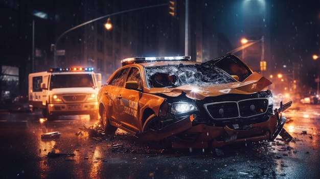 Autounfall mit zwei Autos in einer Stadtstraße in der Nacht Versicherungsschutzkonzept Generative Ai