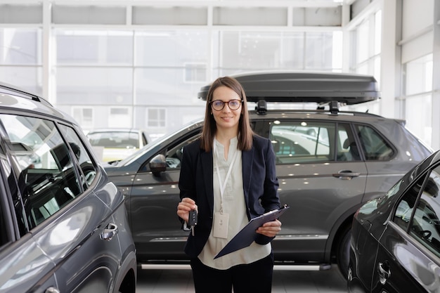 Autoverkauf bei der Verkaufsleiterin gibt dem Autokäufer die Schlüssel