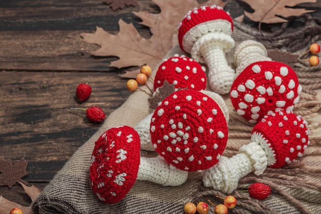 Autumn cozy mood composition Crocheted amanita mushroom handmade fall hobby concept Props and traditional decoration knitting Hard light dark shadow old wooden background copy space