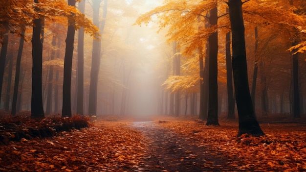 Foto autumn forest walkway con niebla de niebla de alta calidad de sonido de 8k