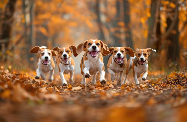 Autumn Frolic Una manada de Beagles corriendo alegremente a través de las hojas caídas IA generativa