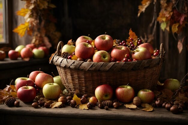 Autumn Harvest Basket Muestra una canasta rústica llena de manzanas y bellotas
