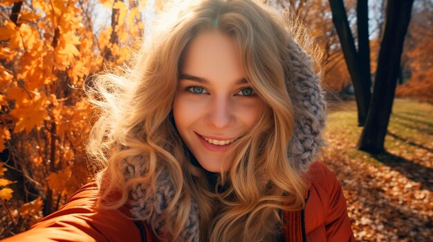 Foto autumn park selfie junge frau mit blauen augen