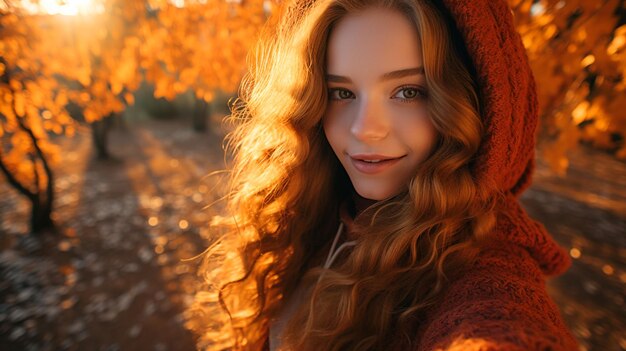 Autumn Park Selfie Junge Frau mit blauen Augen