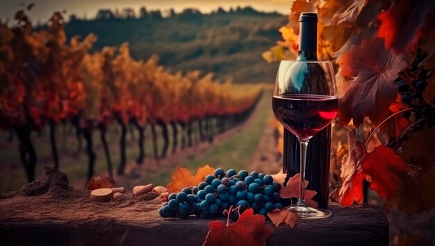 Autumn's Delight Cautivante mesa de vino tinto y uvas junto a una temporada de cosecha de viñedos