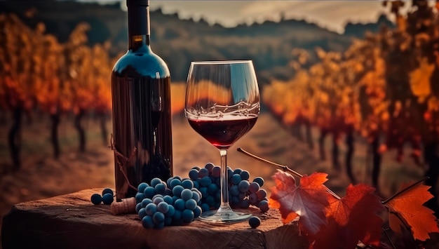 Autumn's Delight Cautivante mesa de vino tinto y uvas junto a una temporada de cosecha de viñedos