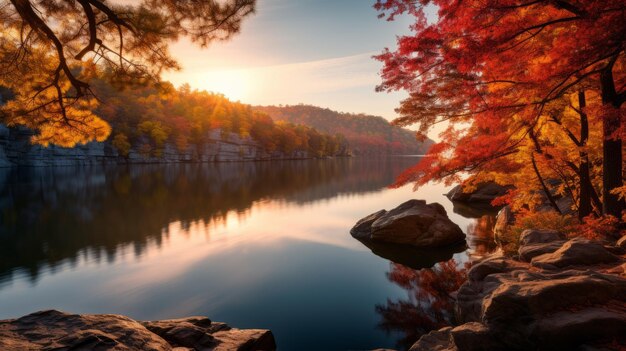 Autumn Scenic Mountains Uhd Foto de archivo con barco amanecer playa y lago