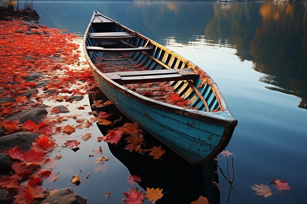 Foto autumn serenity canoe en medio de las hojas de arce caídas a orillas del lago