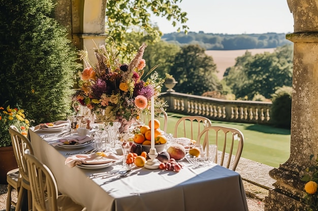 Autumn table scape cena otoñal ajuste de la mesa vacaciones tablescape para bodas cumpleaños o fiestas celebración de eventos ai generativo