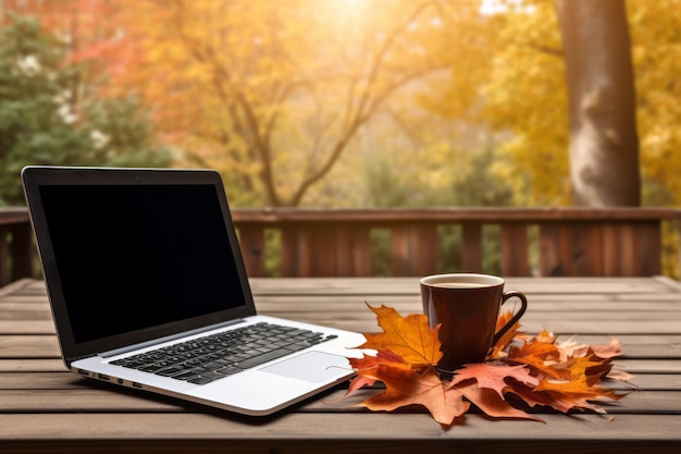 Autumn Vibes Uma instalação de laptop aconchegante em uma mesa de madeira com folhas de tela em branco e uma caneca