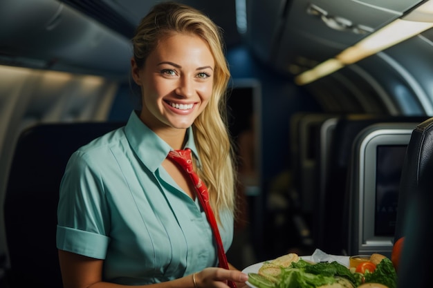 Auxiliar de vuelo sirviendo una comida en un avión