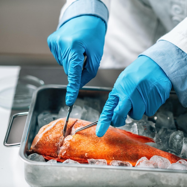 Avaliação da Qualidade de Peixe Cru Microbiologista Cortando Amostra de Peixe Marinho em Laboratório