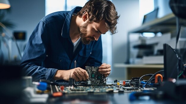 Foto avaliação de precisão jovem engenheiro verifica chip de computador soldado