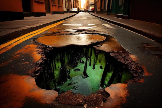 Foto avance de alcantarillado con una gruesa capa de lodo y suciedad que se desborda a la calle