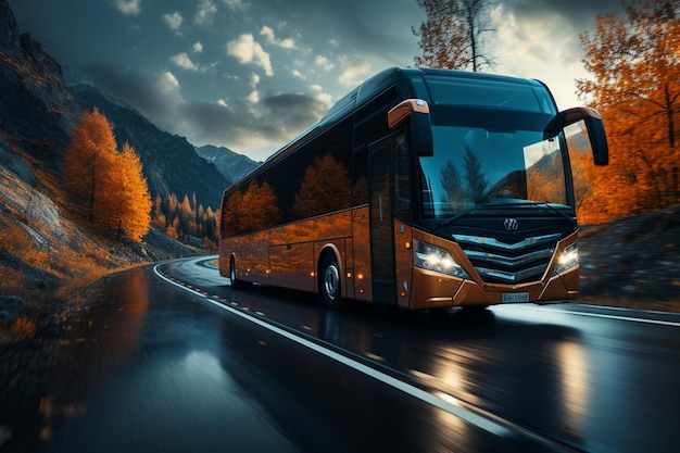 Avanzando en los viajes en autobús por la carretera que abarca el ambiente del tiempo de viaje