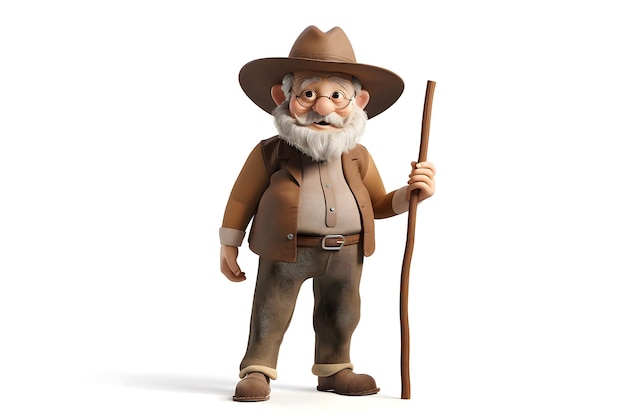 Avatar 3D de un anciano con barba y sombrero Abuelo con un palo