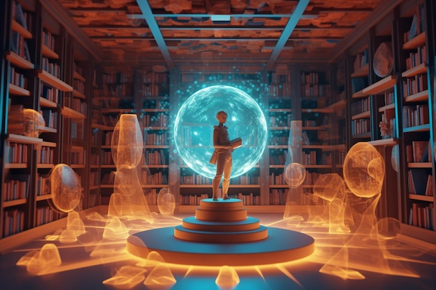 Foto avatar 3d en una biblioteca mística rodeado de libros flotantes generados por ia