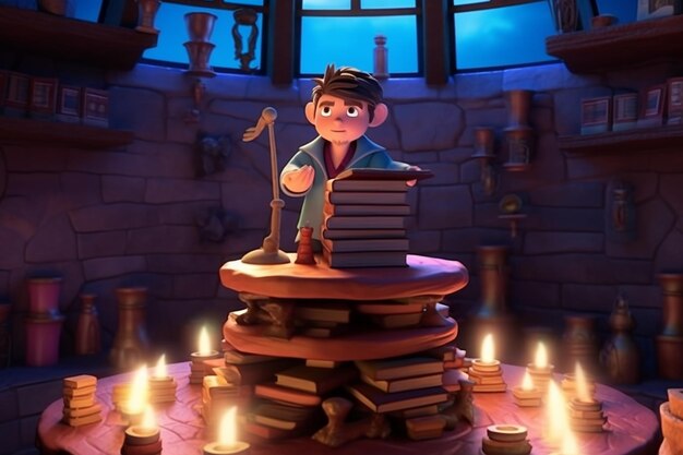 Avatar 3d en una torre de magos estudiando pergaminos antiguos generados por IA