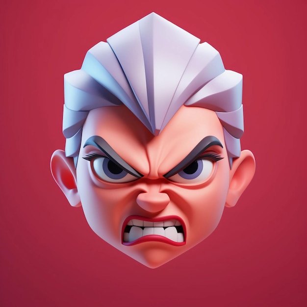 Avatar de cabeça de personagem 3D com expressão facial zangada