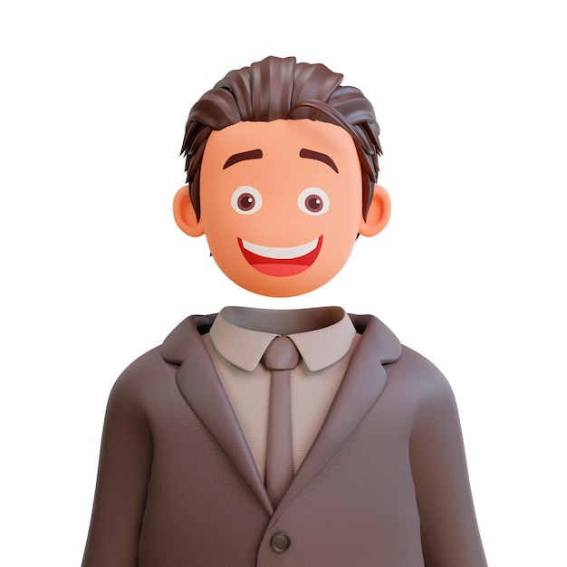 Avatar de empresário feliz renderizado em 3D vestindo um terno em fundo branco