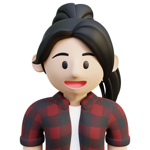 Avatar de menina elegante 3D com estilo de rabo de cavalo longo cabelo preto e flanela vermelha