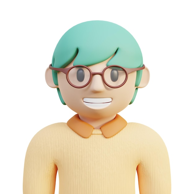 Foto avatar de personagem de menino de cabelo tosca de renderização 3d usando suéter de malha e óculos