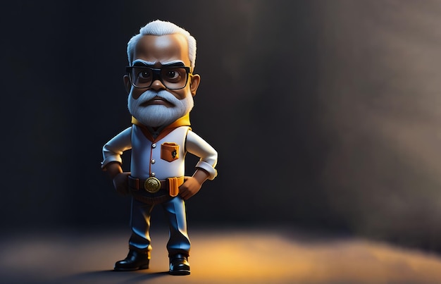 Avatar de dibujos animados en 3D de Narendra Modi con traje blanco y pantalones azules