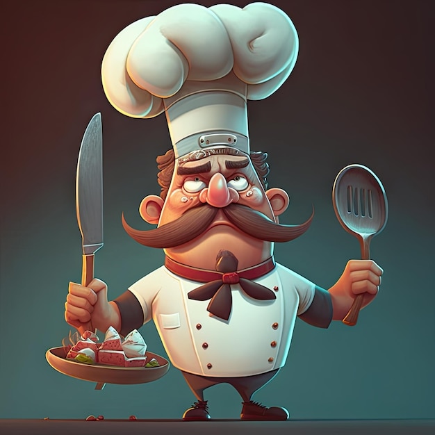 Avatar de dibujos animados personaje de chef generado por IA Imagen de arte generativa por computadora Red neural cocinero con cuchillo y plato de comida