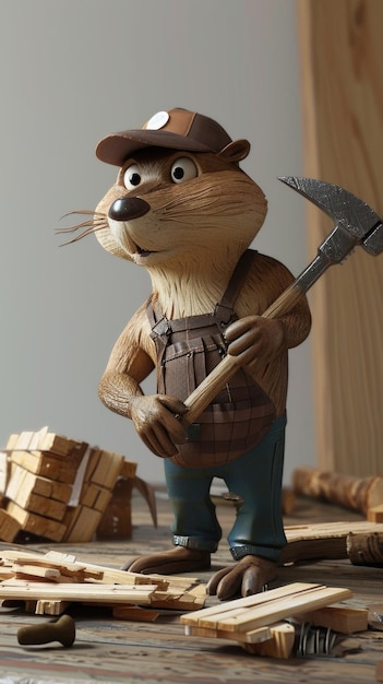 Foto avatar digital de desenho animado de woody o carpinteiro um arquiteto castor com um martelo e viu cuidadosamente