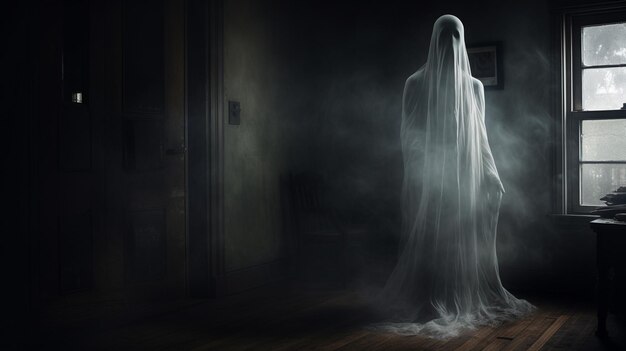 Foto un avatar de fantasma malvado en el interior oscuro de una mansión espeluznante fondo aterrador de fantasmas de halloween