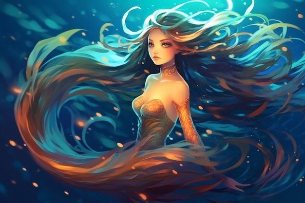 un avatar místico de sirena con cabello suelto generado por IA