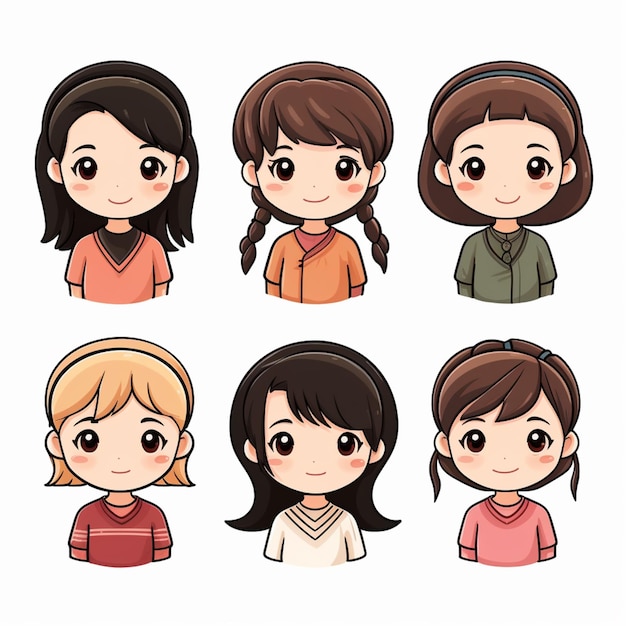Avatares de garotas de desenho animado com diferentes estilos de cabelo e acessórios de cabelo. IA generativa.
