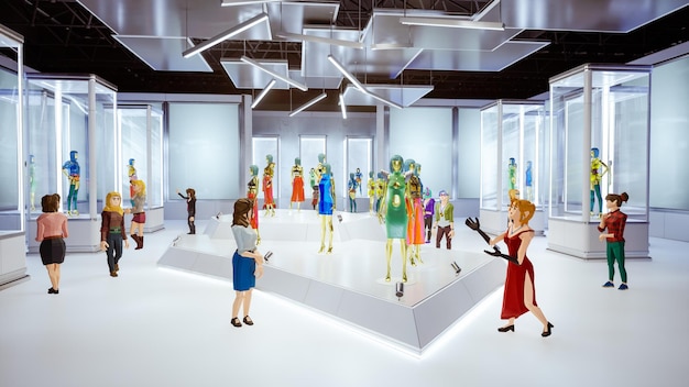 Avatares de metaverso de personas comprando en la tienda de ropa digital 3d render