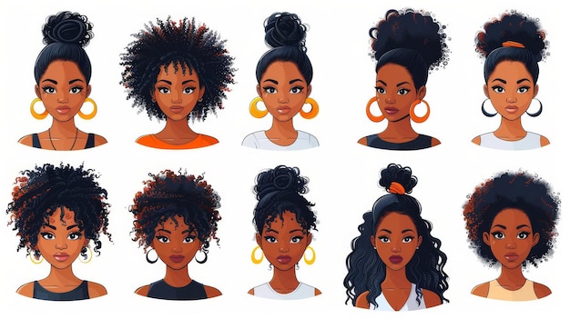 Avatars de meninas afro-negras com penteados de moda, cachos e cabelos ondulados, gráficos planos modernos isolados em branco