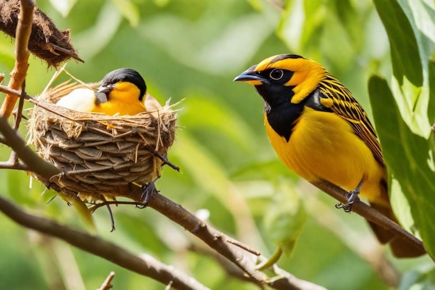 Foto un ave amarilla y negra con un pecho amarillo y una cabeza negra y un pájaro amarillo en el medio